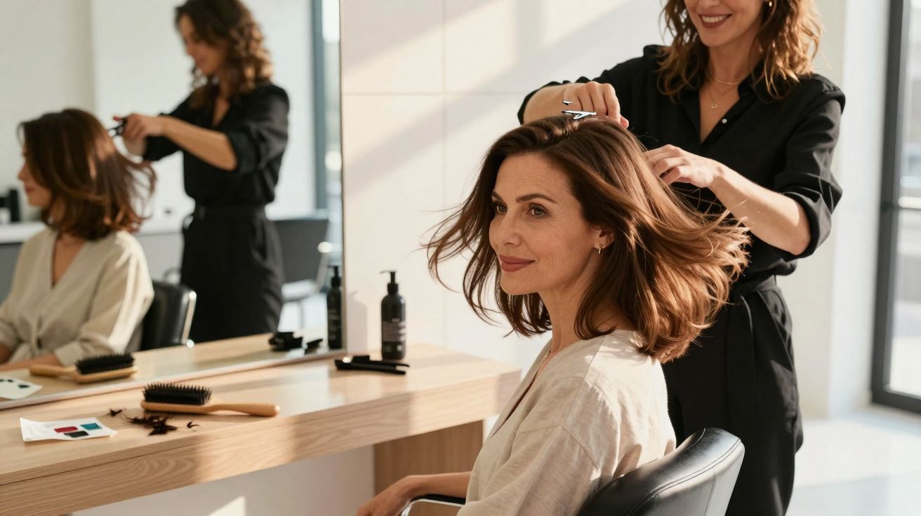 Woman with shoulder-length brown hair smiling while a hairstylist trims her hair in a bright salon.