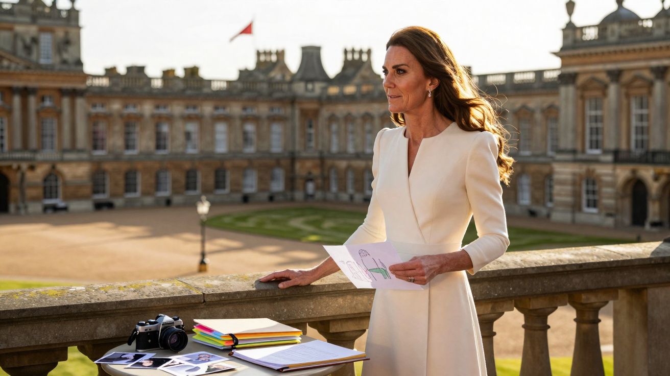 Woman in a white dress holding a card, standing by a balustrade with a table and historic building in the background.