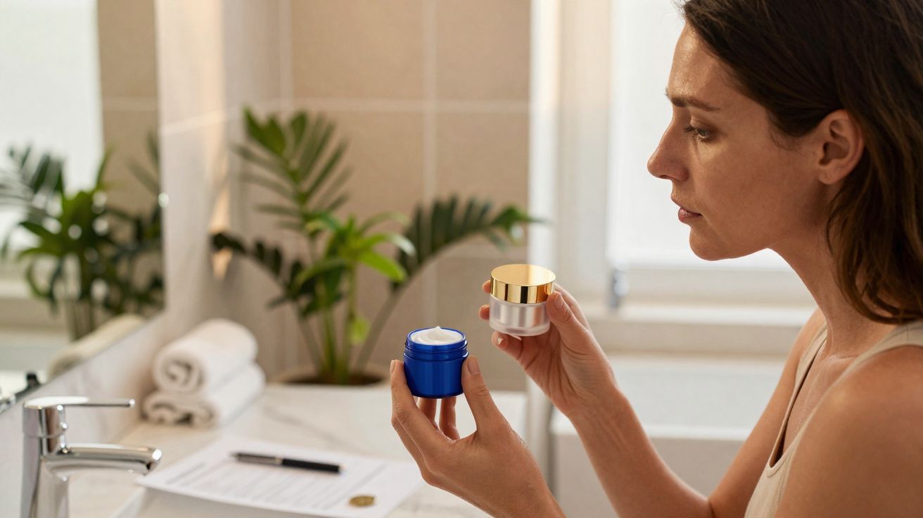 Woman in bathroom holding two jars of skincare cream, comparing packaging and texture.