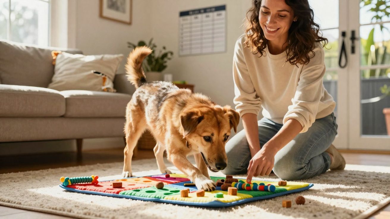 Woman playing a dog puzzle toy on the floor with her attentive dog in a bright living room.