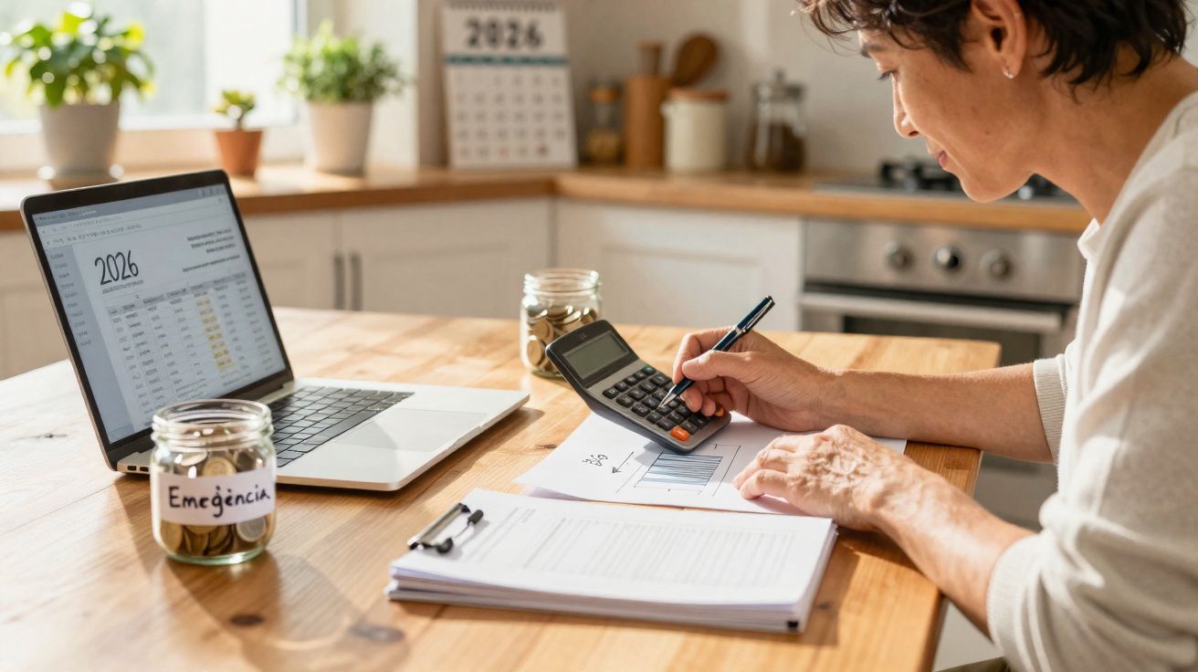 Person using calculator and laptop to manage finances at home with labelled emergency savings jar nearby.