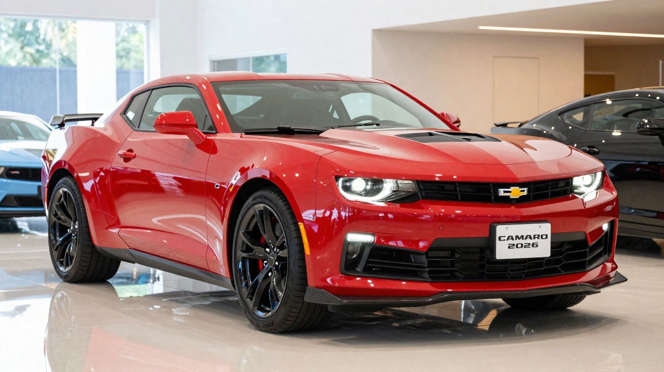 Red 2026 Chevrolet Camaro sports car displayed in a showroom with black alloy wheels and headlights on.