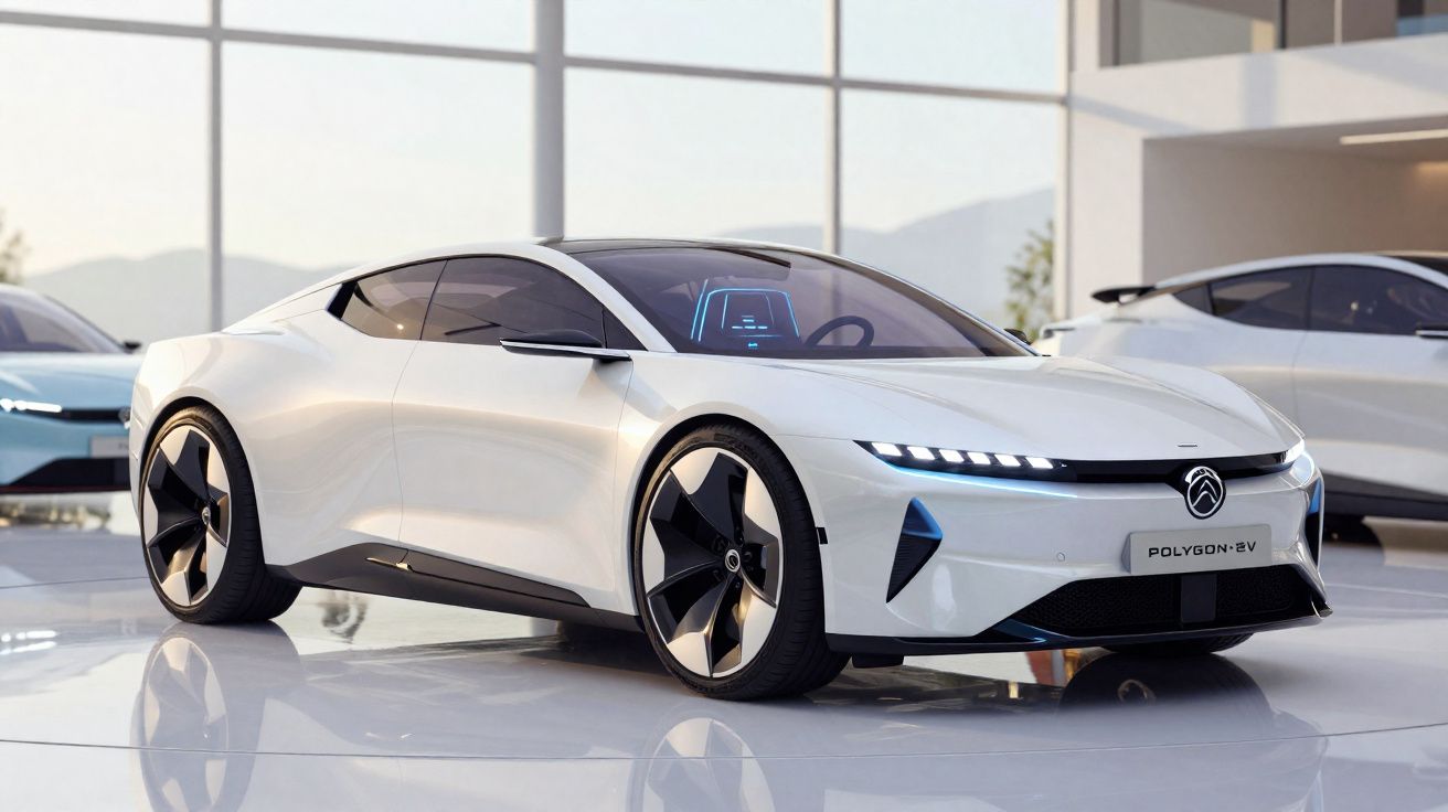 White futuristic electric sports car with sleek design and large black alloy wheels in modern showroom.