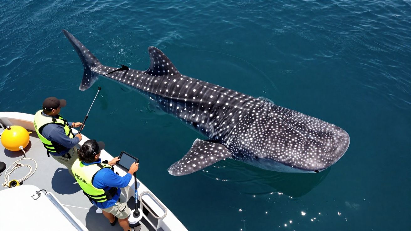 Two researchers on a boat studying a large whale shark swimming near the ocean surface.
