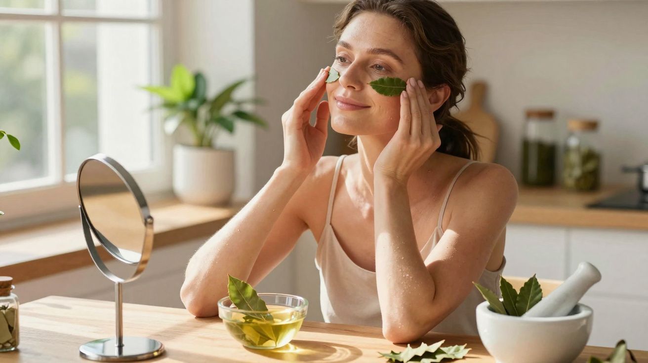 Woman applying a green leaf to her face in a bright kitchen with natural skincare ingredients nearby.
