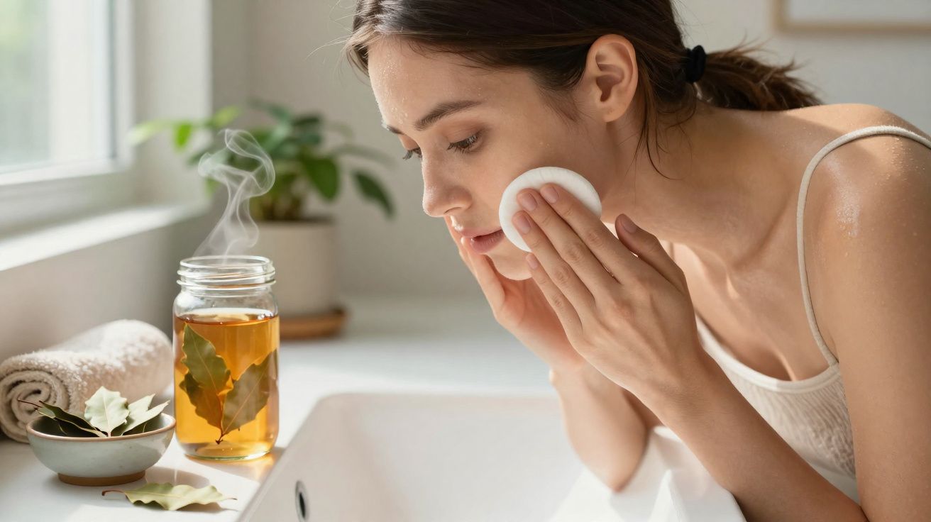 Woman cleansing her face with a cotton pad in a bright bathroom next to a steaming jar and a towel.