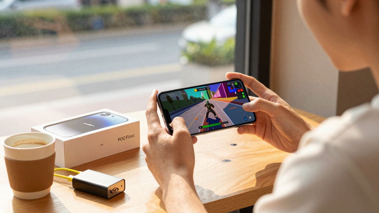 Person playing a fighting game on a smartphone at a wooden table with coffee and a power bank nearby.