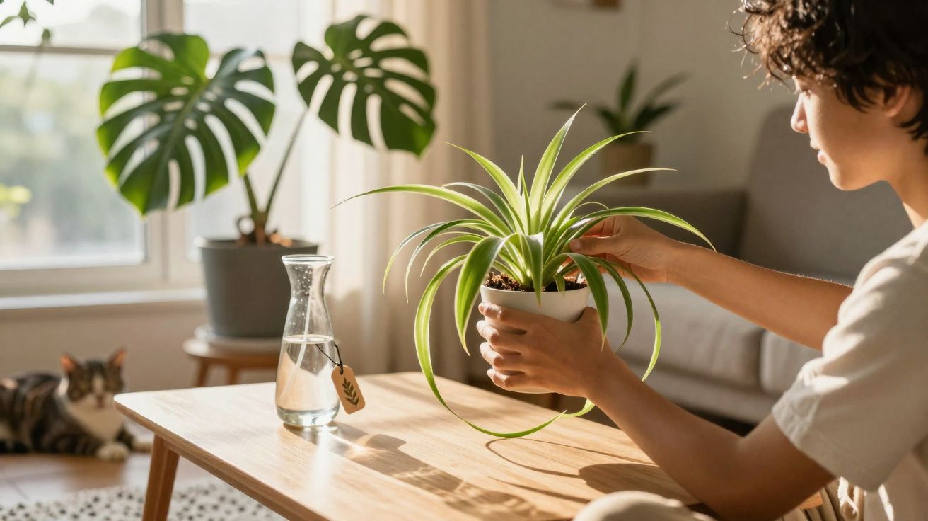 Person tending to a small green potted plant on a wooden table in a sunlit living room with a cat in the background.