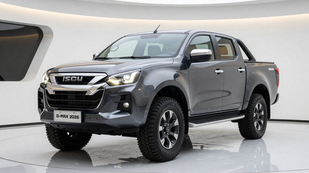 2026 ISCU D-MAX grey double-cab pickup truck with off-road tyres on display in a modern showroom.