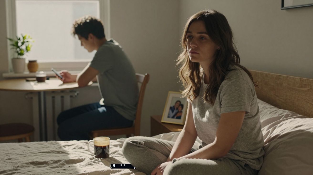 Woman sitting on bed looking thoughtful while man uses phone at a table in a softly lit bedroom.