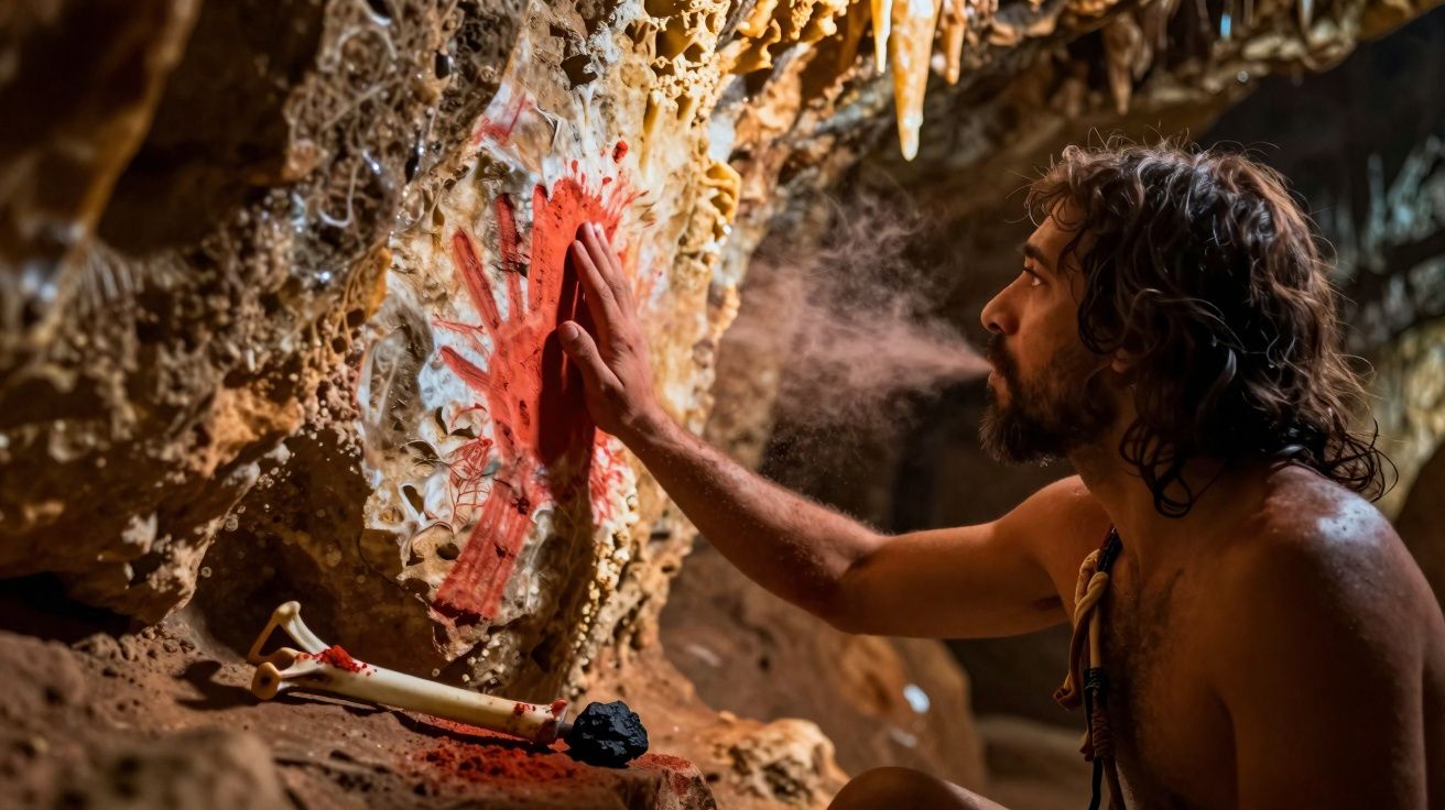 Prehistoric man creating red handprint cave art inside a rocky cave with a bone and charcoal nearby.
