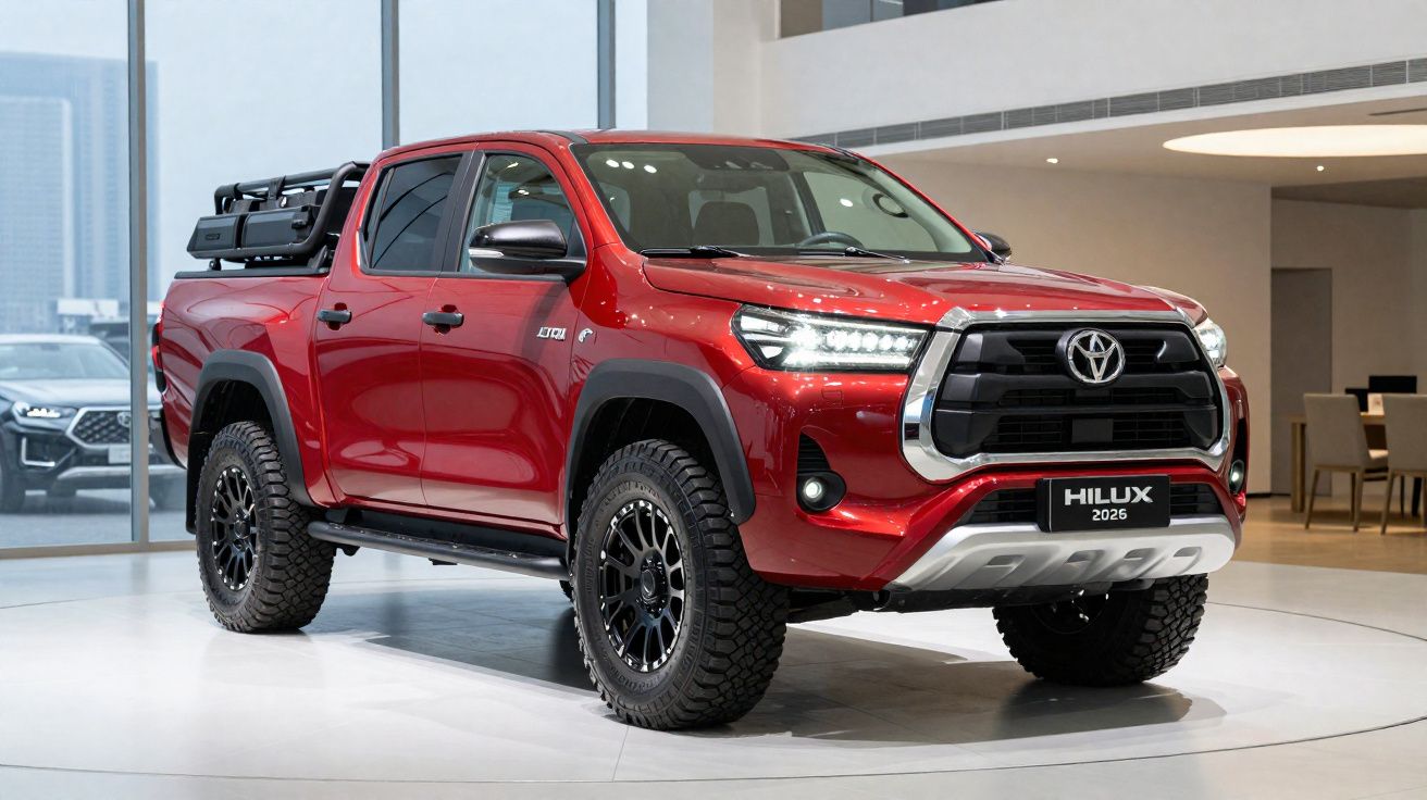 Red 2026 Toyota Hilux 4-door pickup truck displayed indoors on a white platform with large windows in background.