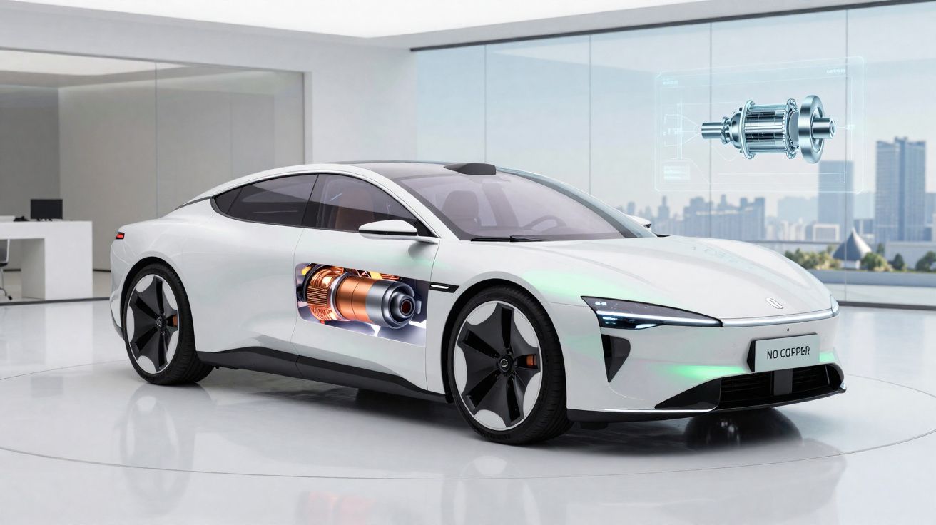 White electric car in showroom with visible motor components and no copper label on front plate