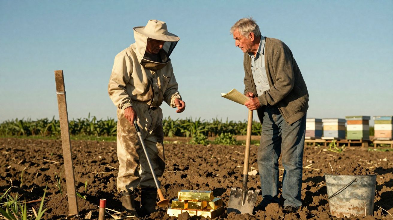 Two men in a field examining a pile of gold bars with beehives in the background under a clear sky