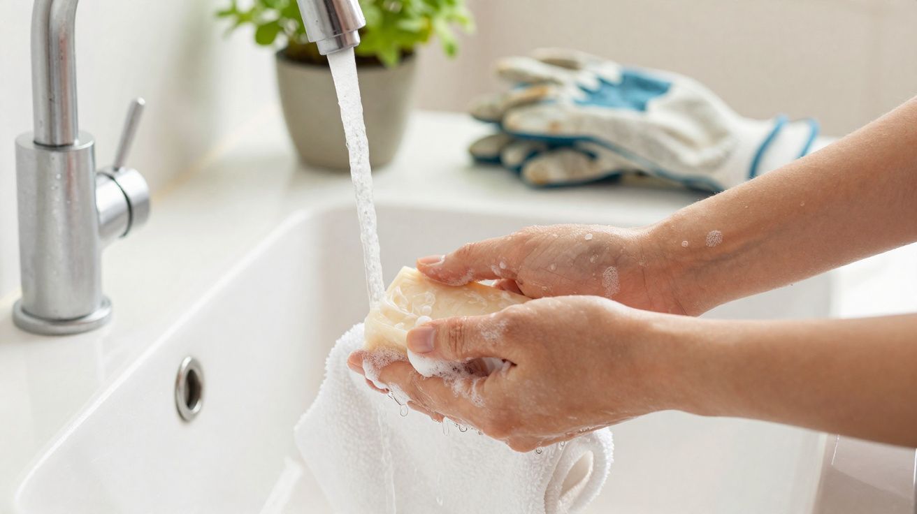 Person washing a beige bar of soap under running water above a white bathroom sink with gloves in the background.