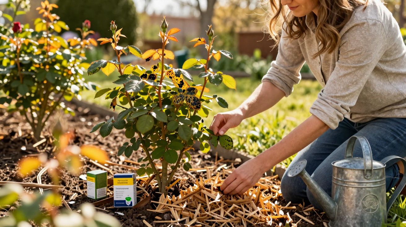 Person kneeling in garden applying wood mulch and treating black spot on rose plant leaves with gardening products.