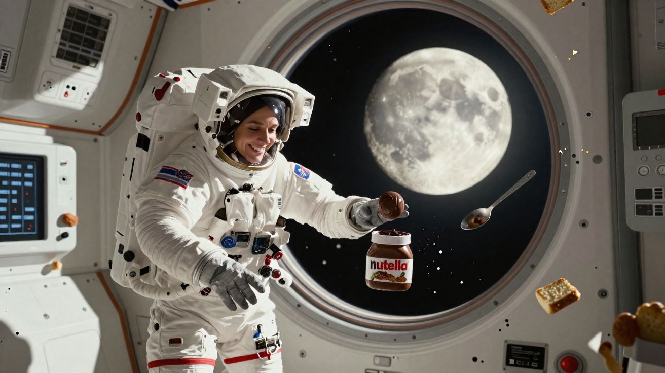 Astronaut in space suit holding a Nutella jar floating with the moon visible outside a spacecraft window.