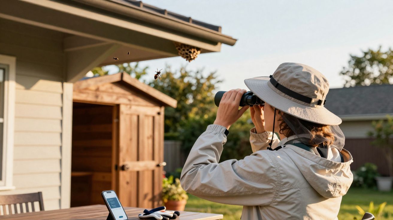 Person wearing a hat using binoculars to observe a wasp nest under a roof with a wasp flying nearby.