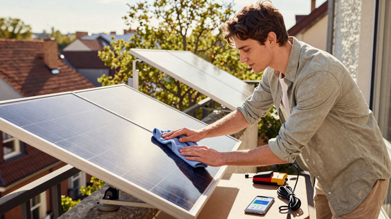 Young man cleaning solar panel on balcony with cloth, smartphone and testing device nearby.