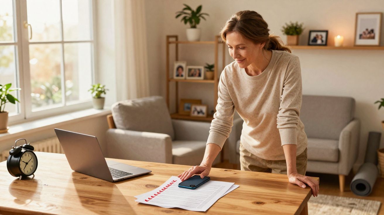 Woman in casual clothes standing at a wooden desk with laptop, papers, phone, and alarm clock in a cozy living room.