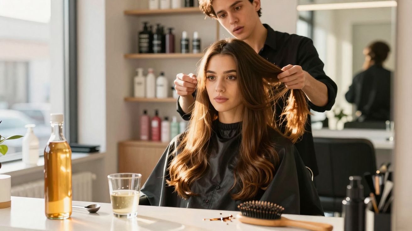 Hairdresser styling long brunette hair of a woman seated in a salon chair by the window.