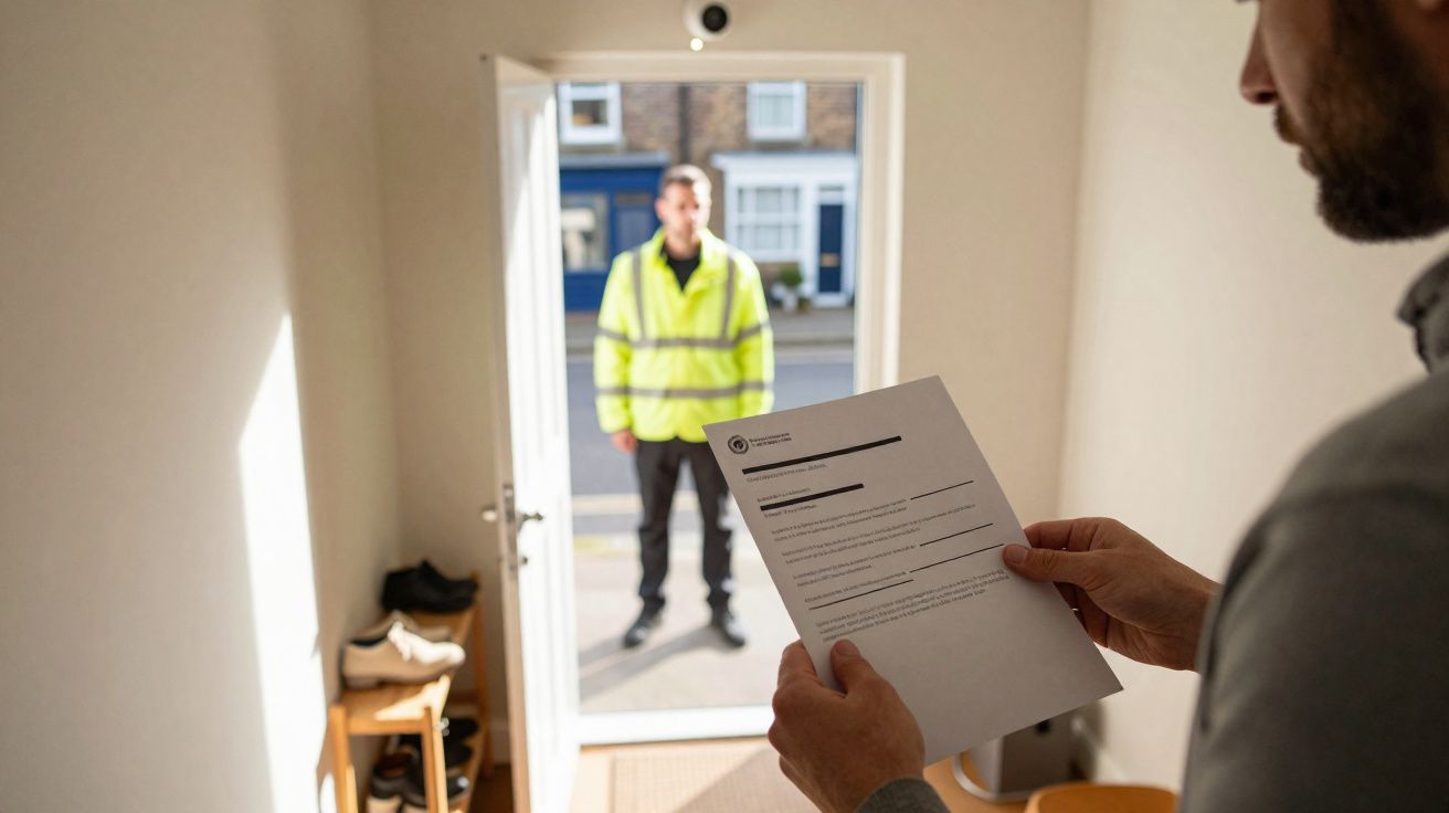 Man reading a letter indoors while a delivery worker in a high-visibility jacket stands outside the open door.