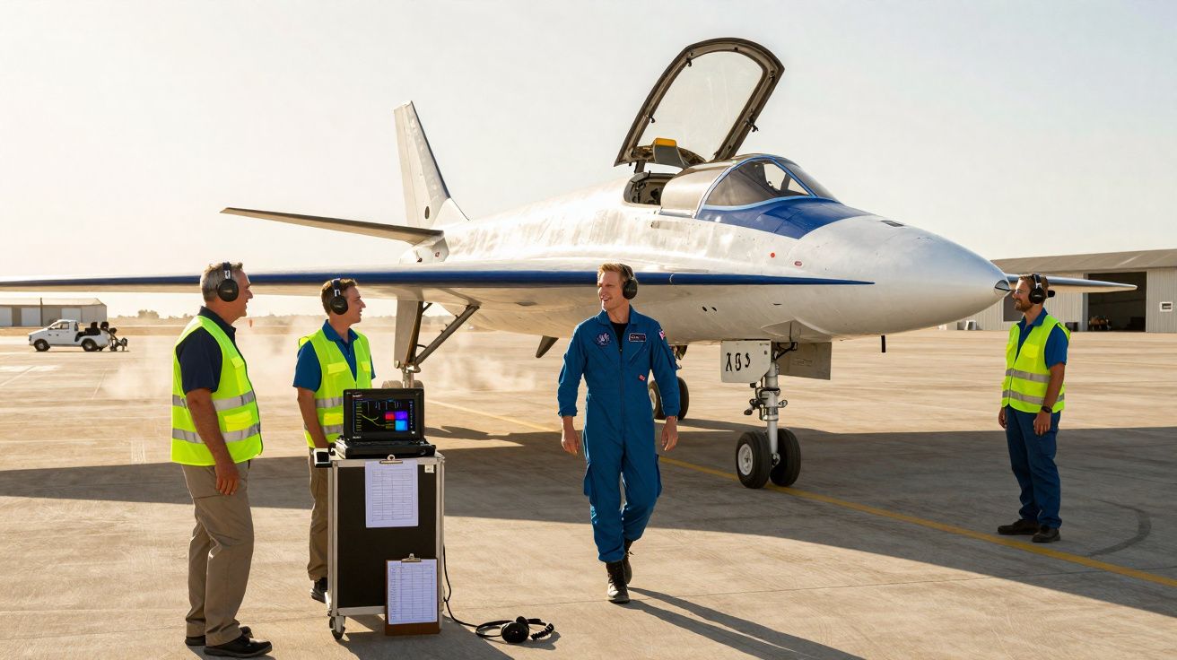 Pilot in blue flight suit walks beside a sleek white jet on a sunny airport runway with three ground crew members.