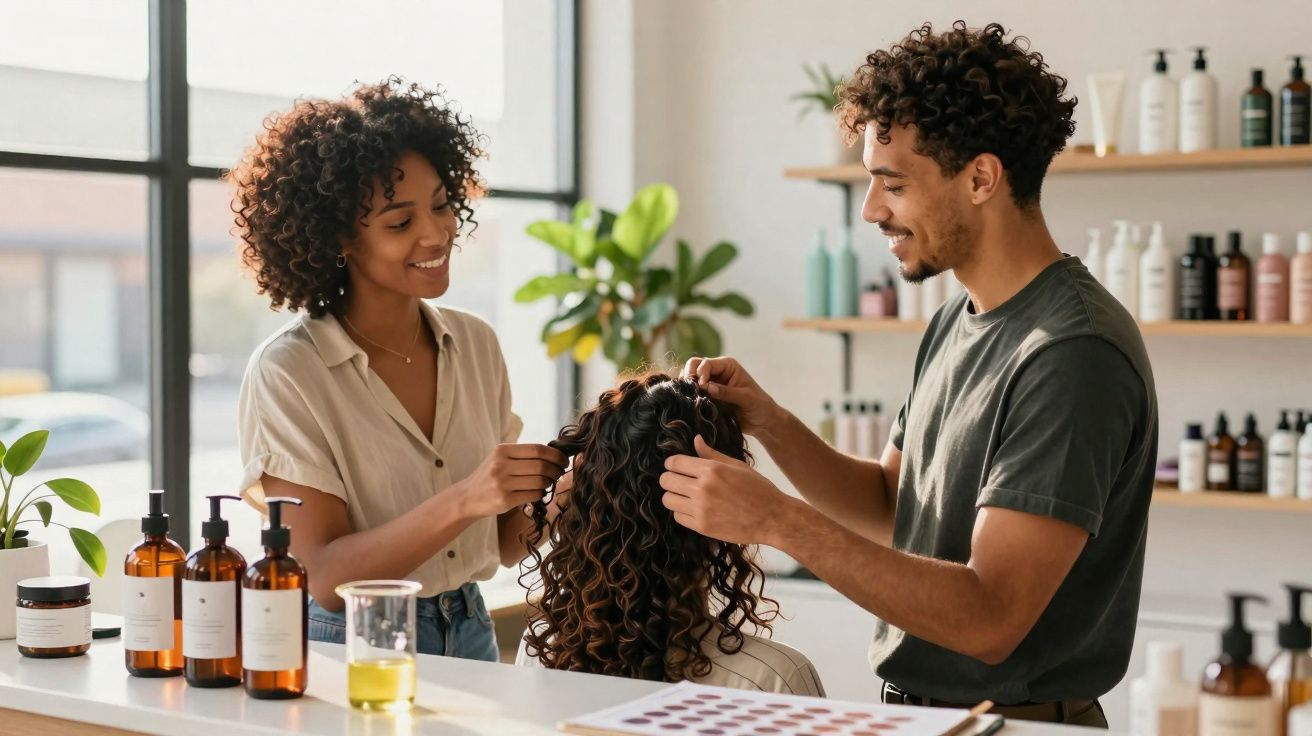 Two hairdressers styling a client's curly hair in a bright salon with hair products on the counter.