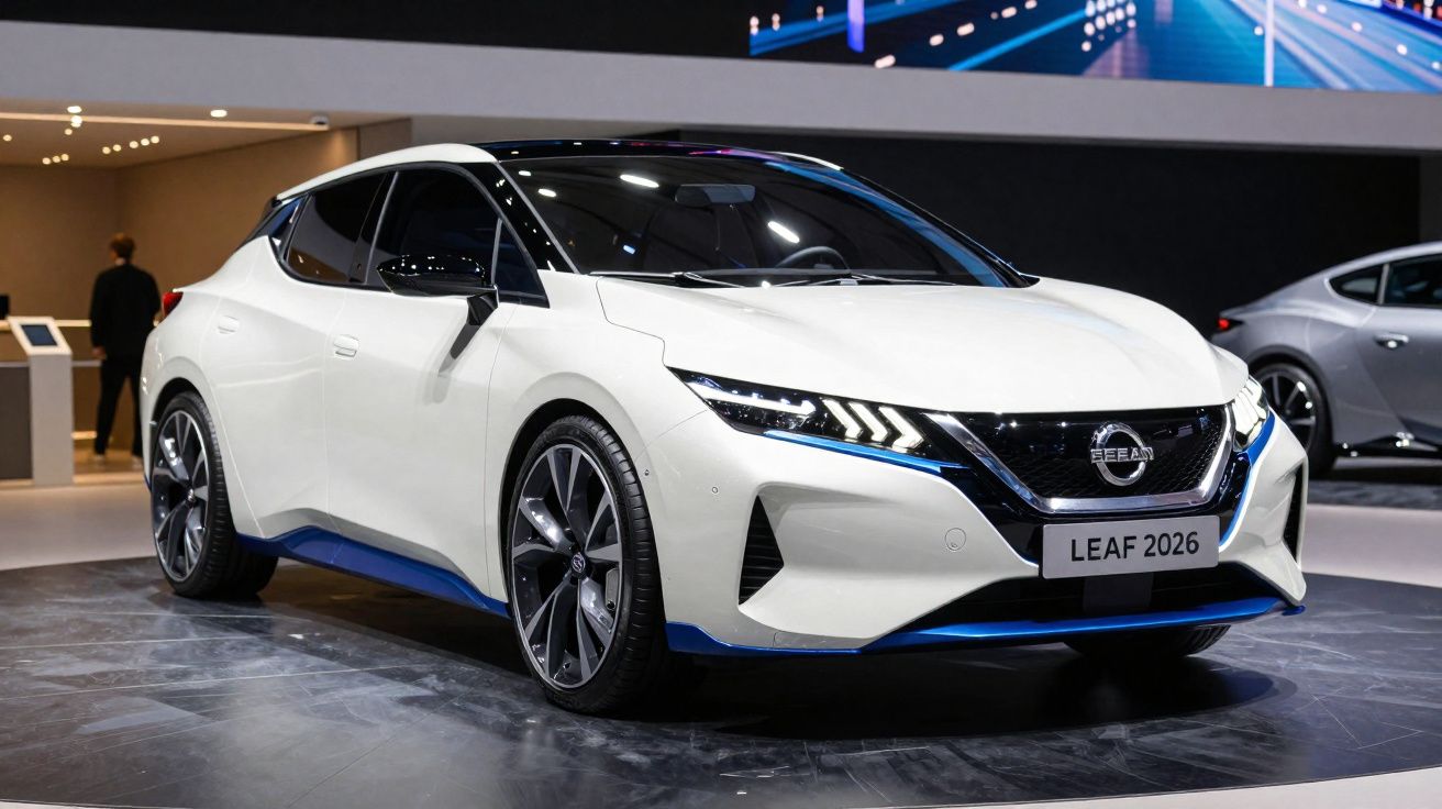 White 2026 Nissan Leaf electric car displayed indoors with sleek design and blue accents on floor and details.