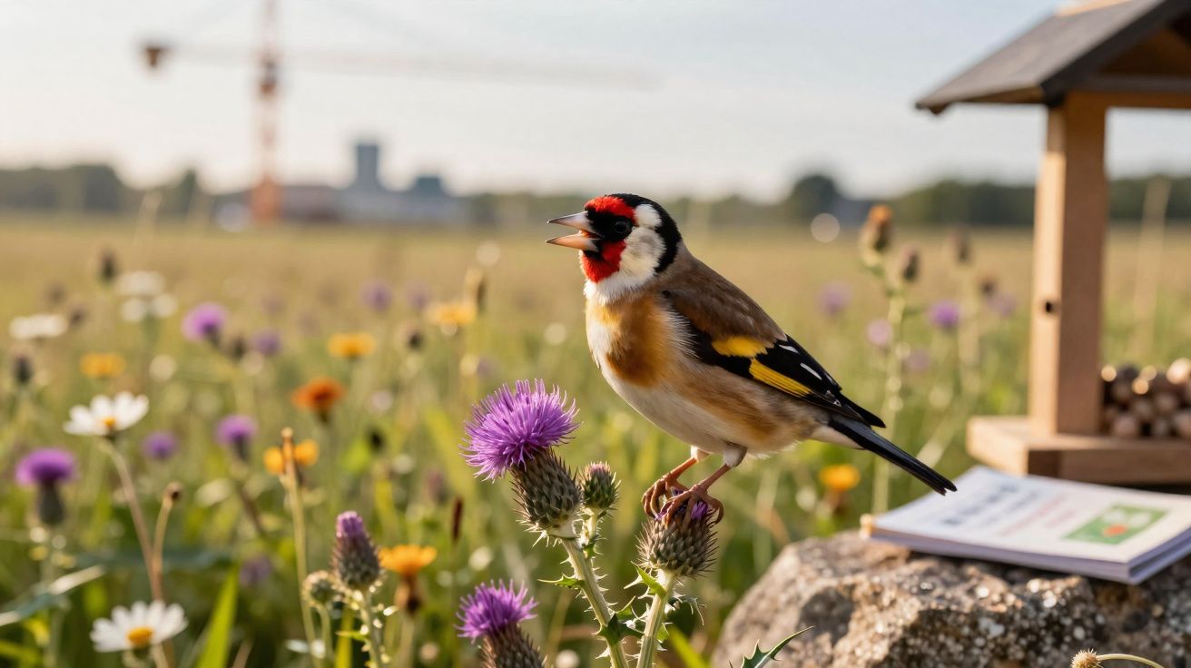 European goldfinch perched on purple thistle in a wildflower meadow near a wooden bird feeder.