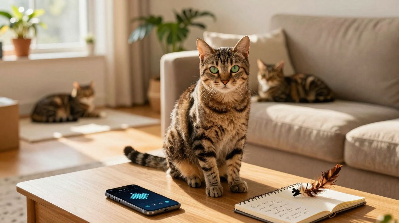 Tabby cat sitting on a wooden table with a smartphone and a notebook with a feather pen in a cozy living room.