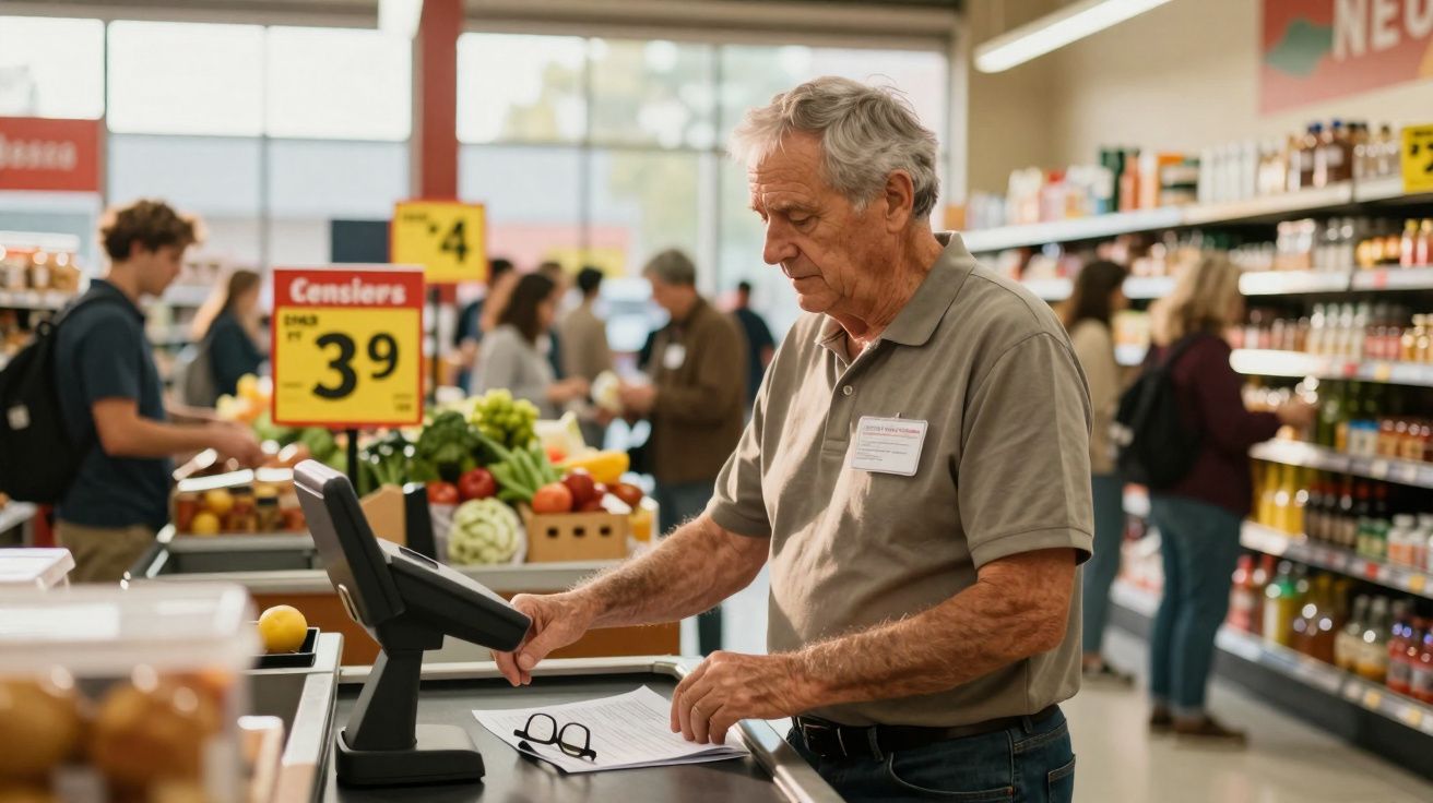 Senior supermarket cashier scanning items at checkout with customers and produce in the background.