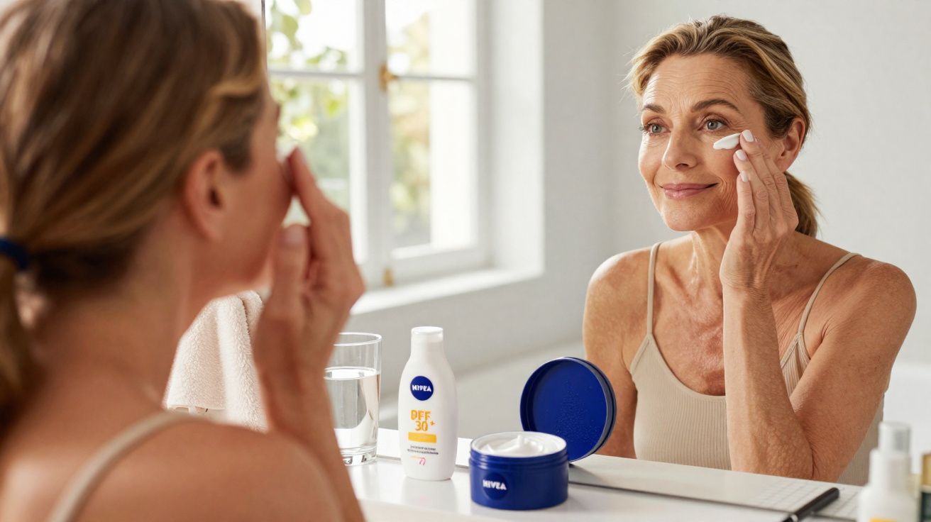 Middle-aged woman applying face cream while looking in the bathroom mirror with skincare products nearby