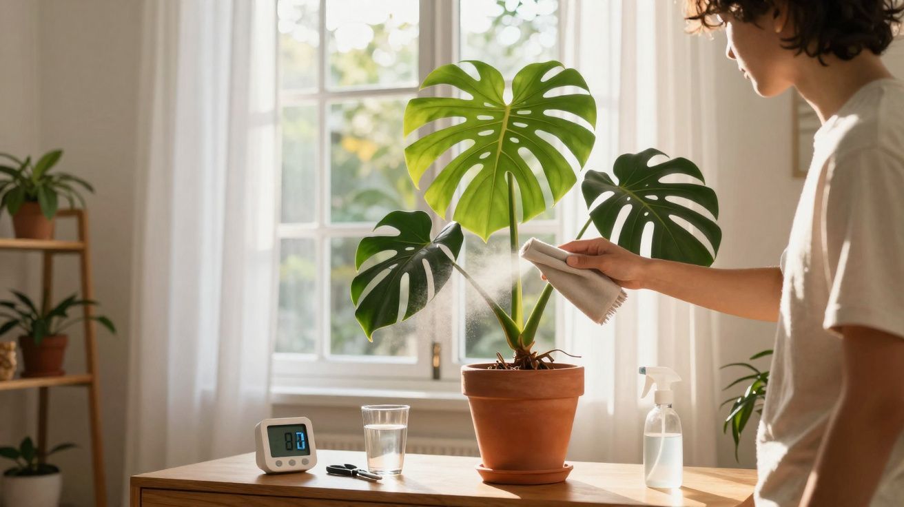 Person misting a potted monstera plant on a wooden table in front of a sunlit window.