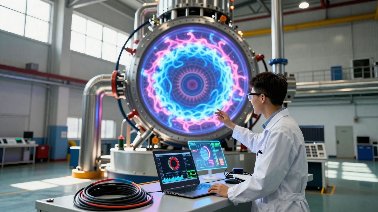 Scientist in lab coat operating two laptops with a colourful fusion reactor in the background in a spacious lab.