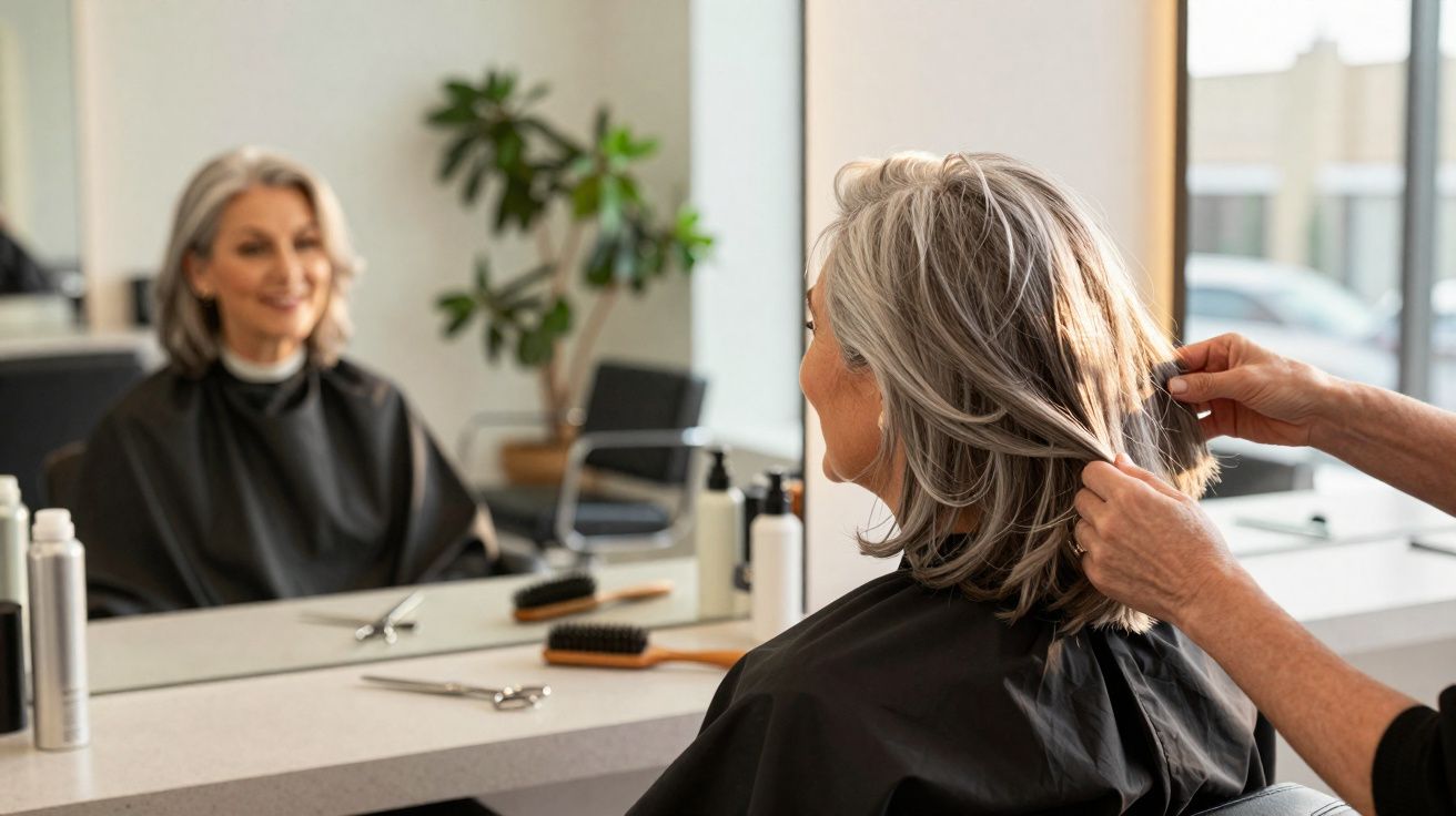 Older woman with grey hair having her hair styled at a salon, looking at herself in the mirror.