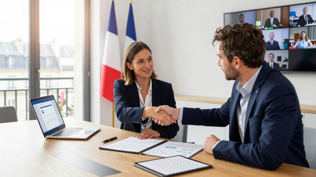 Two businesspeople shaking hands during a meeting with French flags and a virtual conference screen in the background.