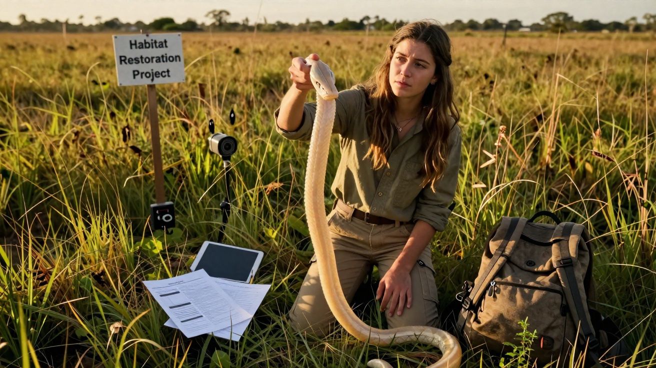 Woman in field holding a large pale snake near a "Habitat Restoration Project" sign with research equipment and backpack near