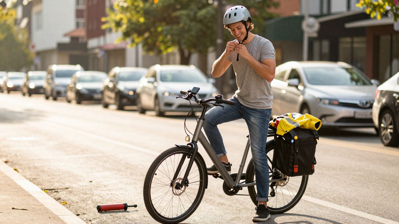 Man wearing a helmet standing next to his electric bike on a city street while adjusting his earphones.