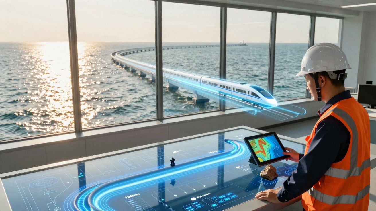 Engineer in hard hat and high-visibility vest using a digital tablet to design a futuristic train over water.