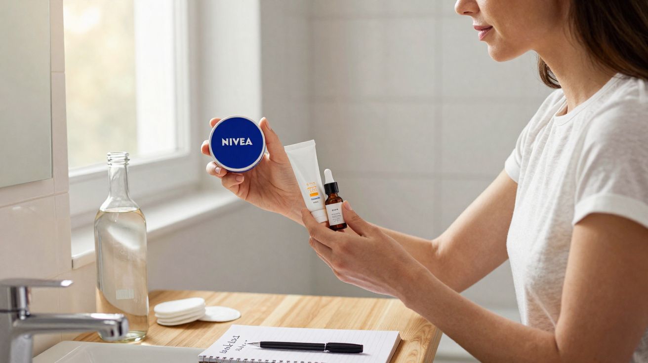 Woman holding Nivea cream and skincare products at a wooden bathroom counter with a notebook and pen.