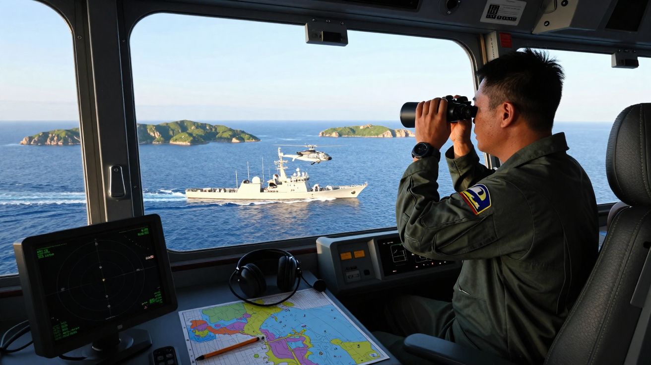 Man in uniform using binoculars inside a ship cabin overlooking a patrol boat and helicopter near islands.