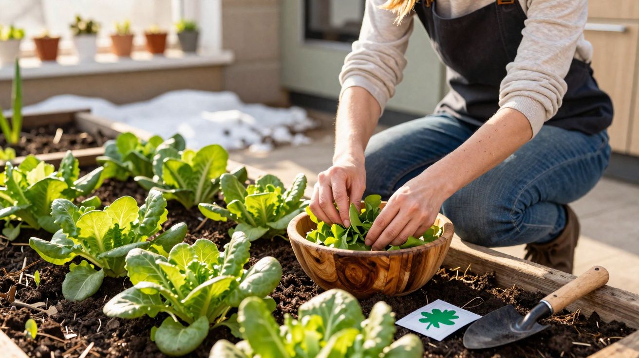 Person harvesting leafy greens from a garden bed into a wooden bowl on a sunny day.