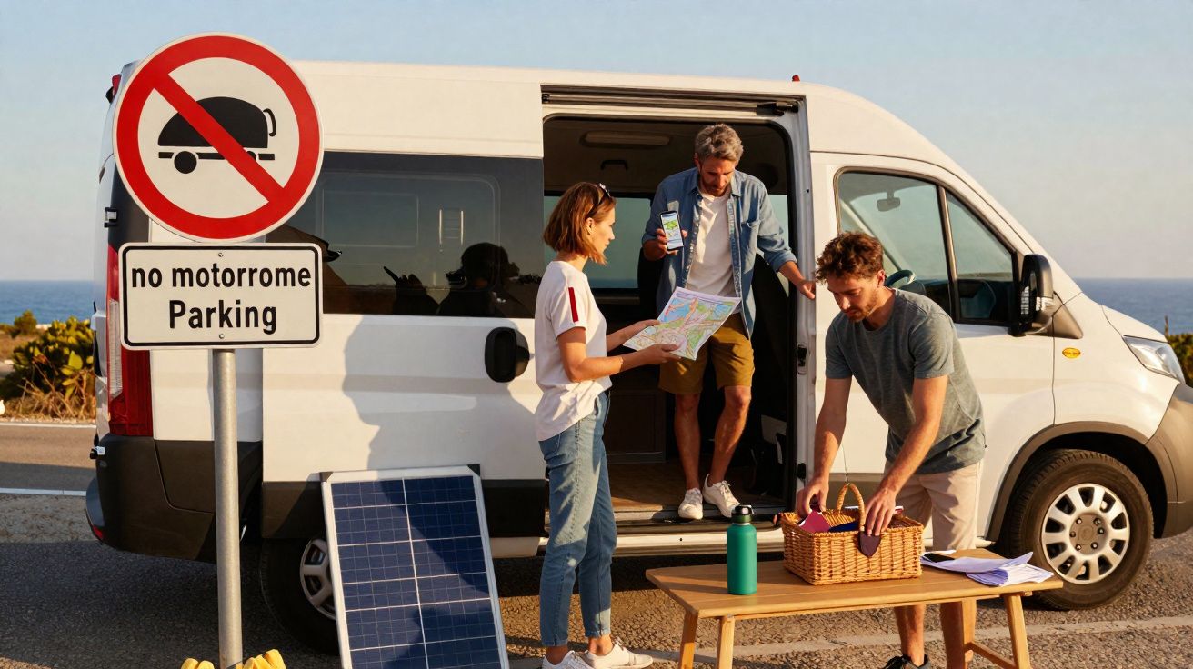 Three people with a campervan parked next to a no motorhome parking sign by the sea.