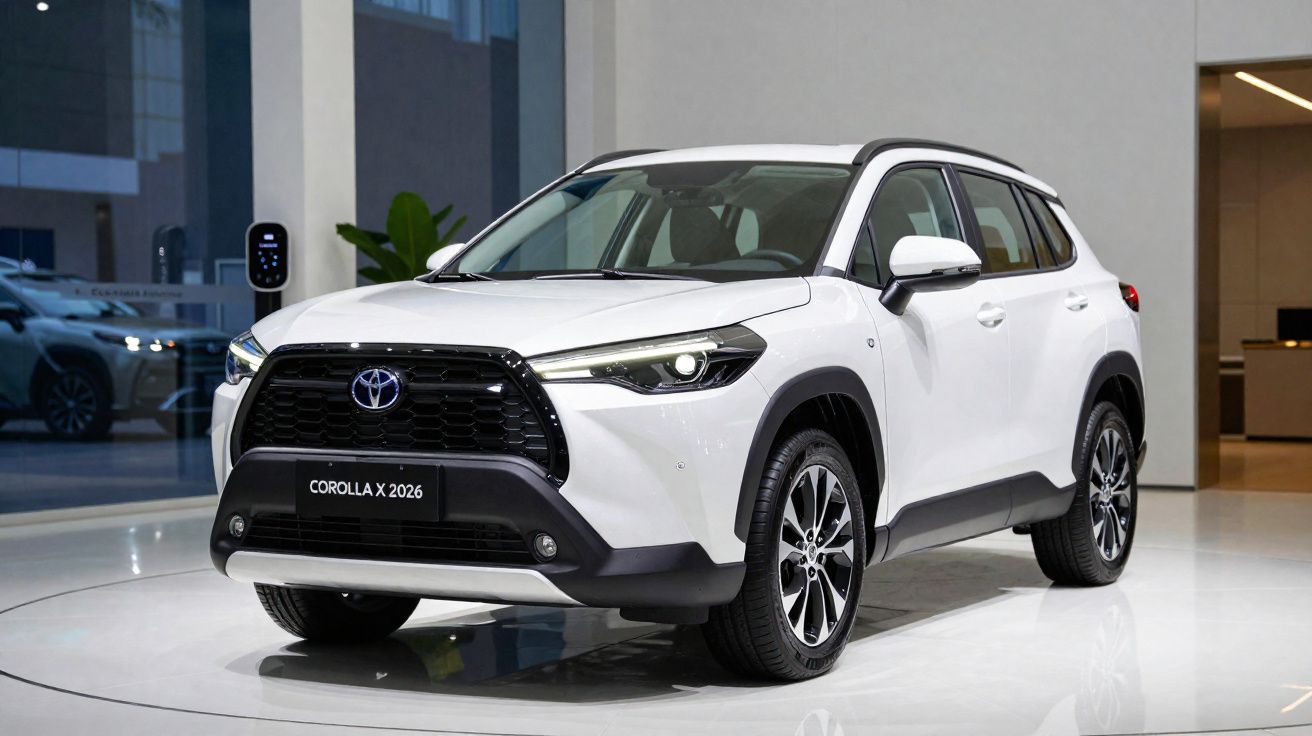 White 2026 Toyota Corolla X SUV displayed indoors on a glossy floor with a black front grille and alloy wheels.