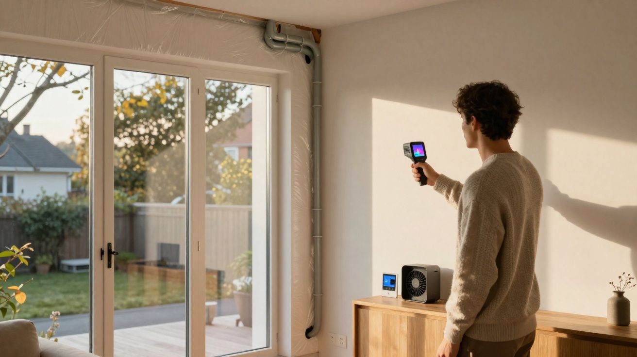 Person using a thermal camera inside a sunlit room near sliding glass doors and a wooden sideboard with a fan and device.