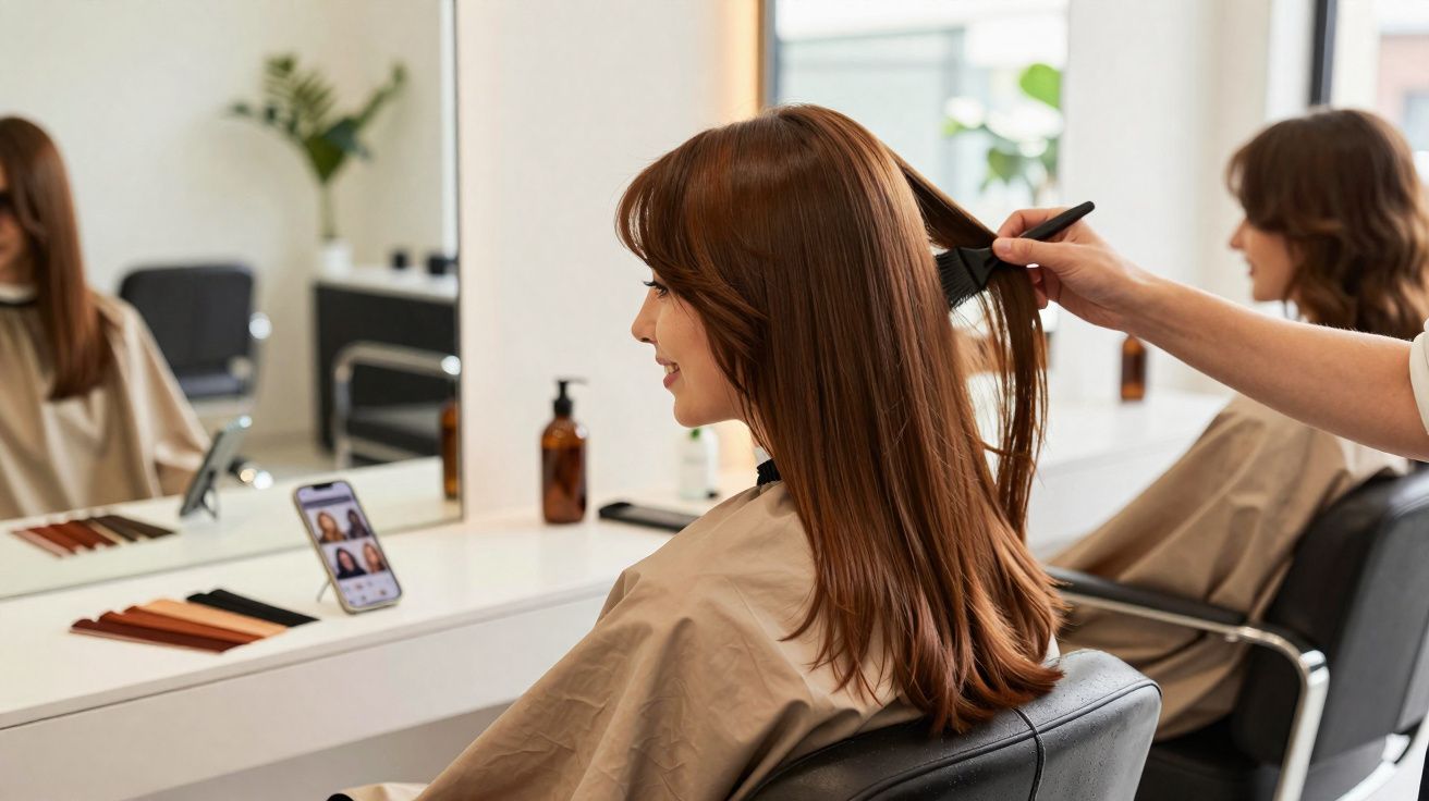 Woman with long brown hair getting a haircut at a salon while looking at hairstyle options on a smartphone.