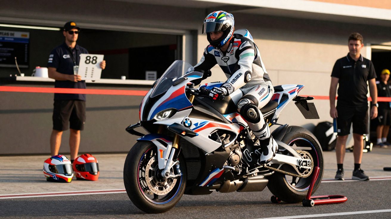 Motorcyclist in racing gear preparing to ride a BMW sportbike in a pit lane with team members nearby.