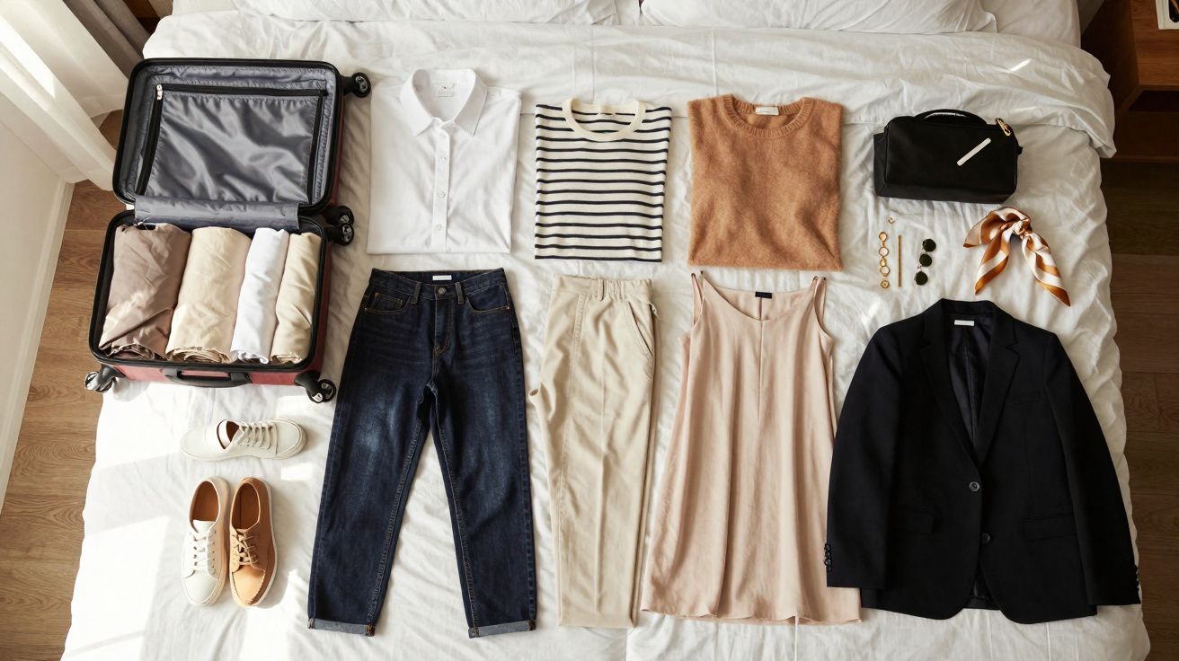 Opened suitcase with folded clothes, trousers, tops, shoes, accessories, and a blazer neatly arranged on a bed.