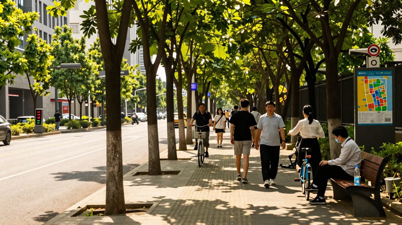 People walking and cycling on a tree-lined urban sidewalk with benches and a nearby street in daylight.